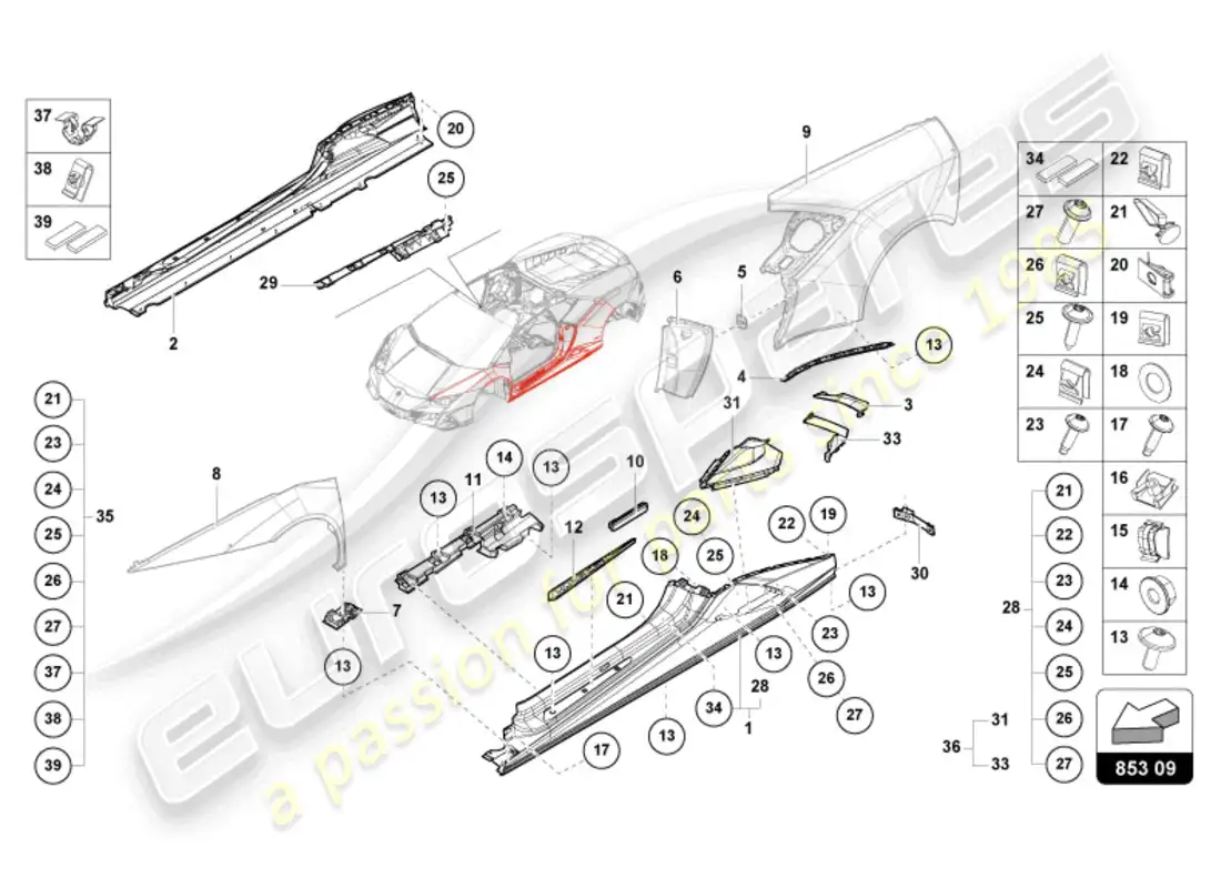 lamborghini sto (2023) lateral externo inferior para pasaje de rueda diagrama de piezas