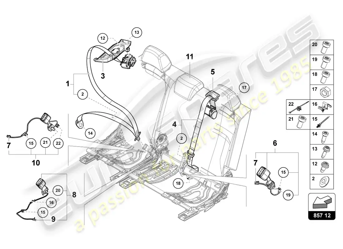 lamborghini urus (2022) cinturón de seguridad de tres puntos 3. banco de asiento diagrama de piezas