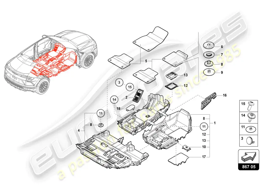 lamborghini urus (2019) alfombra protectora diagrama de piezas