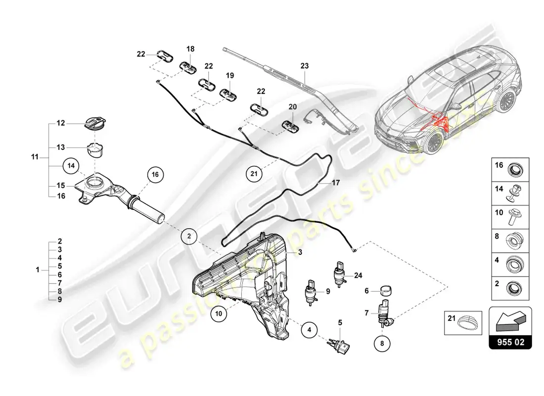 lamborghini urus (2019) sistema arandela diagrama de piezas