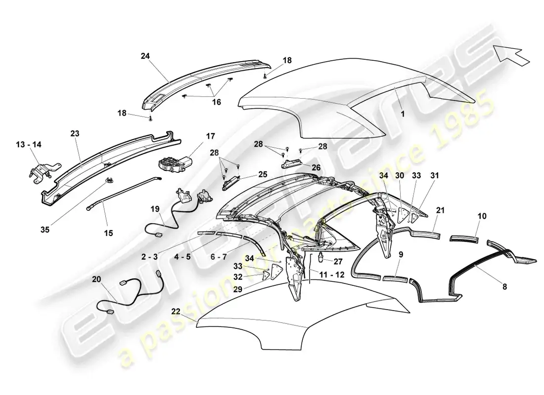 lamborghini gallardo spyder (2007) cubierta - superior diagrama de piezas