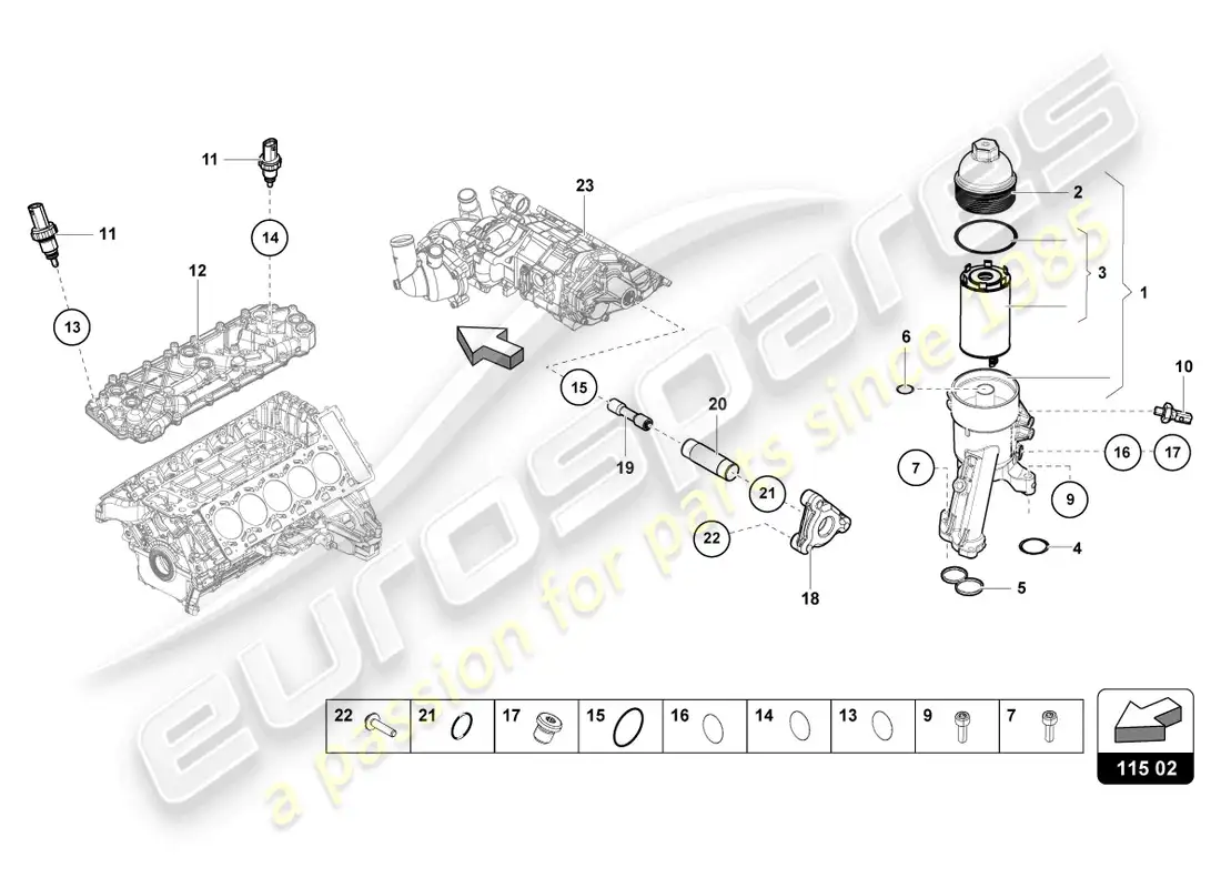 lamborghini evo spyder (2022) elemento filtrante de aceite diagrama de piezas