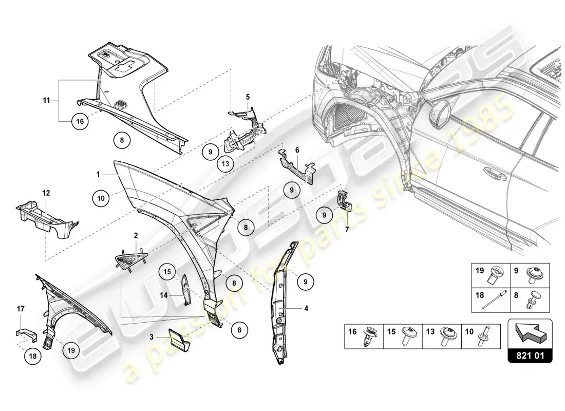 lamborghini urus s (2024) protector de ala delantero diagrama de piezas