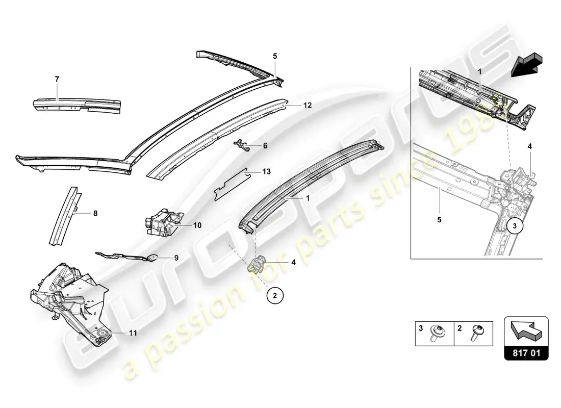lamborghini evo spyder 2wd (2023) ventana con bisagras diagrama de piezas
