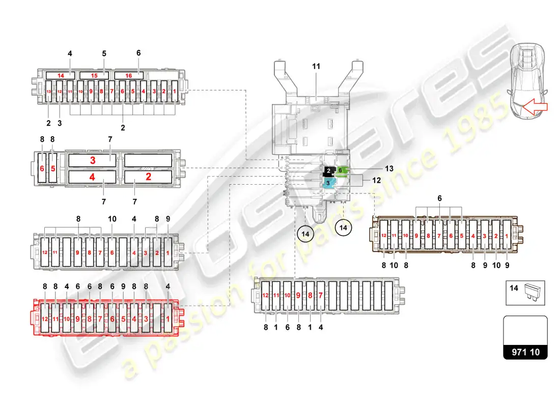 lamborghini evo coupe (2023) fusibles lado del pasajero diagrama de piezas