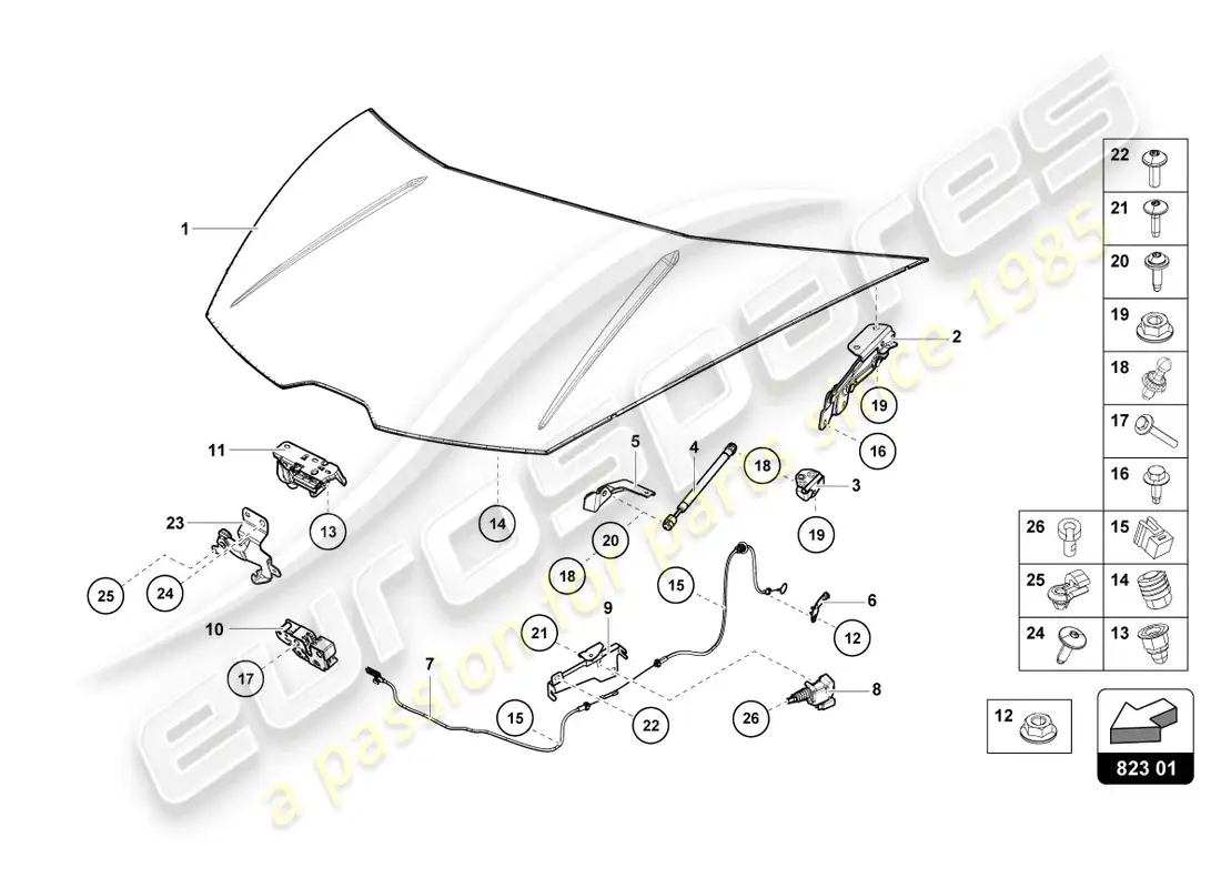 lamborghini evo spyder (2023) capó diagrama de piezas