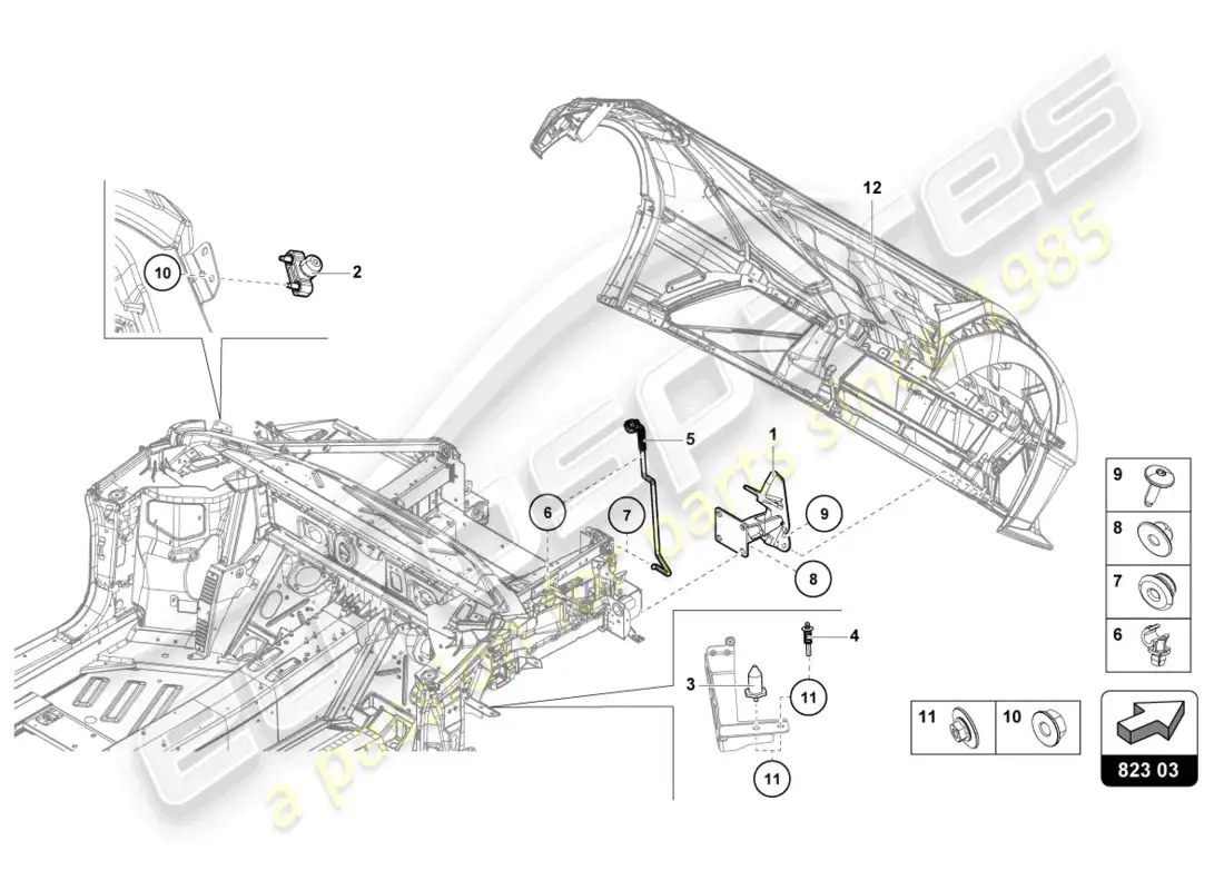lamborghini sto (2023) bisagra del capó delantero diagrama de piezas