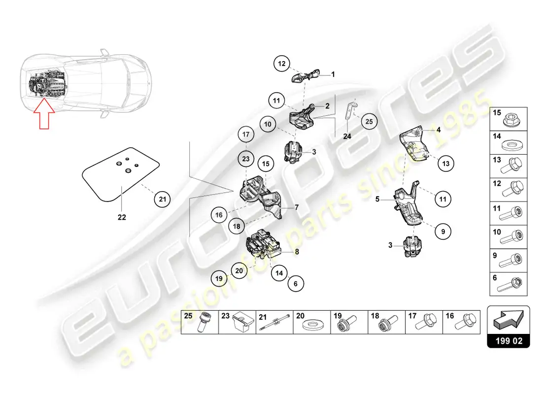 lamborghini evo spyder (2021) fijación de piezas para motor diagrama de piezas