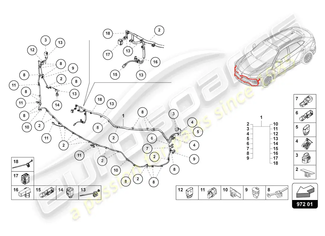 lamborghini urus s (2024) juego de cableado para parachoques delantero diagrama de piezas