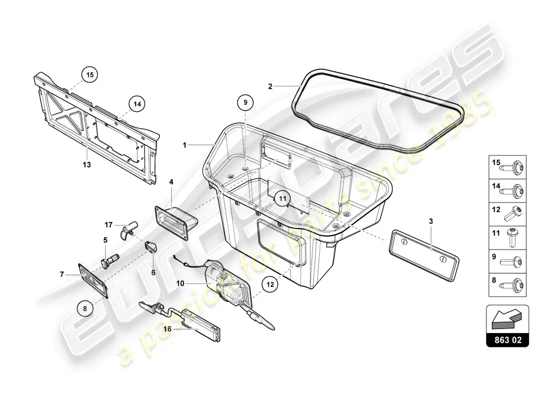 lamborghini evo spyder 2wd (2022) forro del maletero diagrama de piezas
