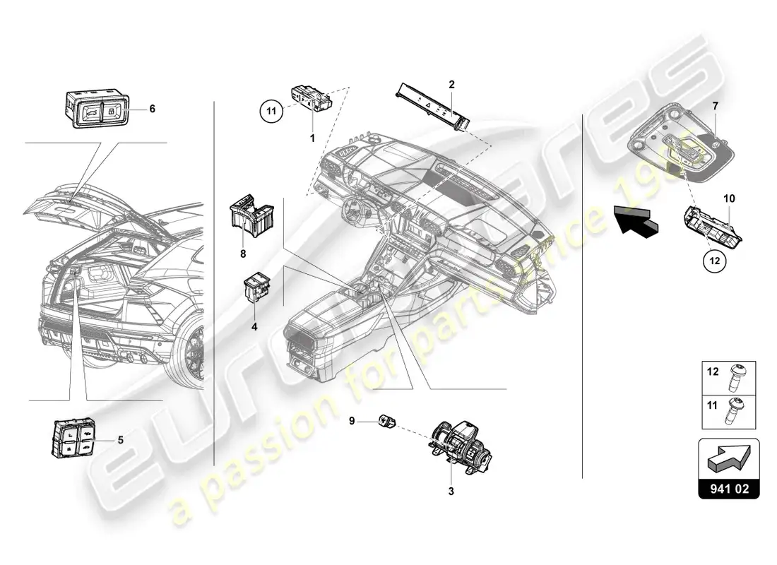 lamborghini urus s (2024) control panel with pushbuttons diagrama de piezas