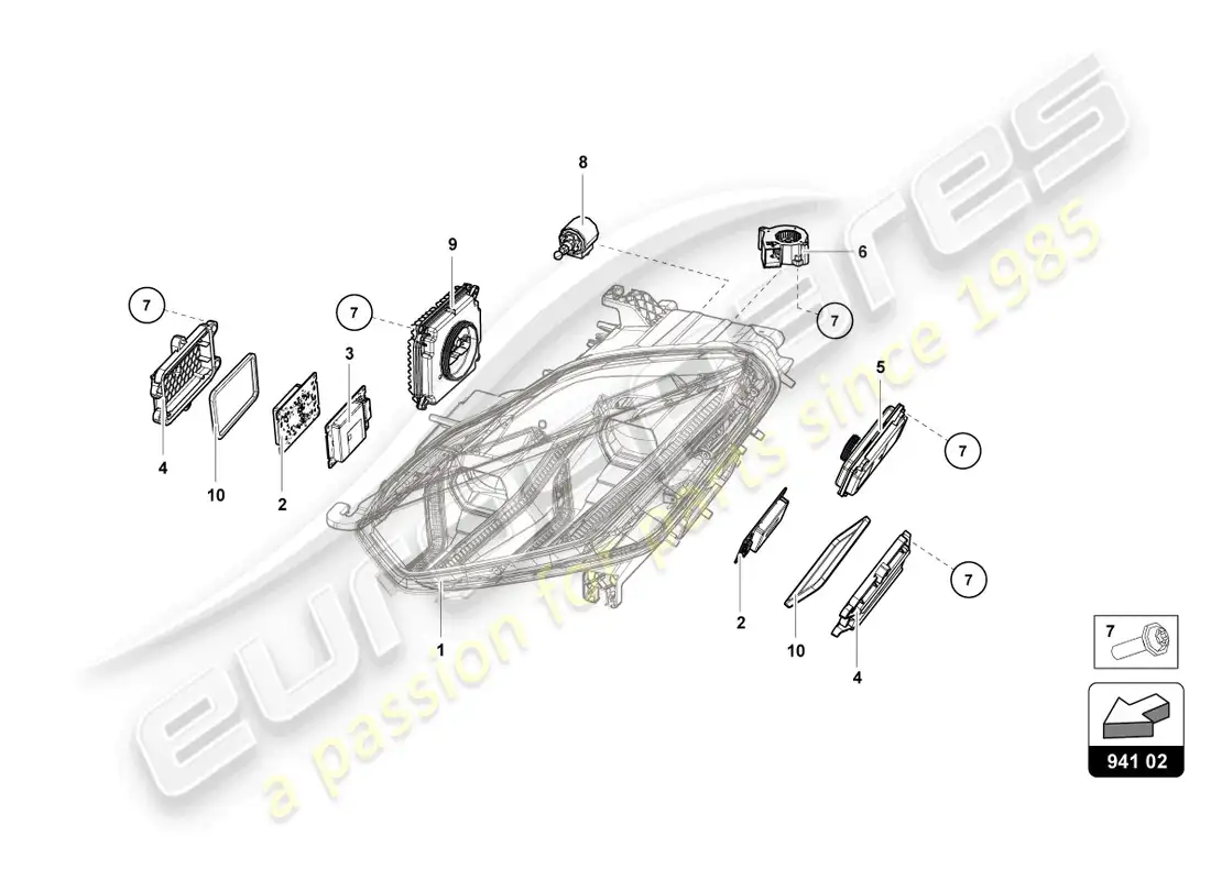 lamborghini evo spyder (2022) sistema de iluminación delantero diagrama de piezas
