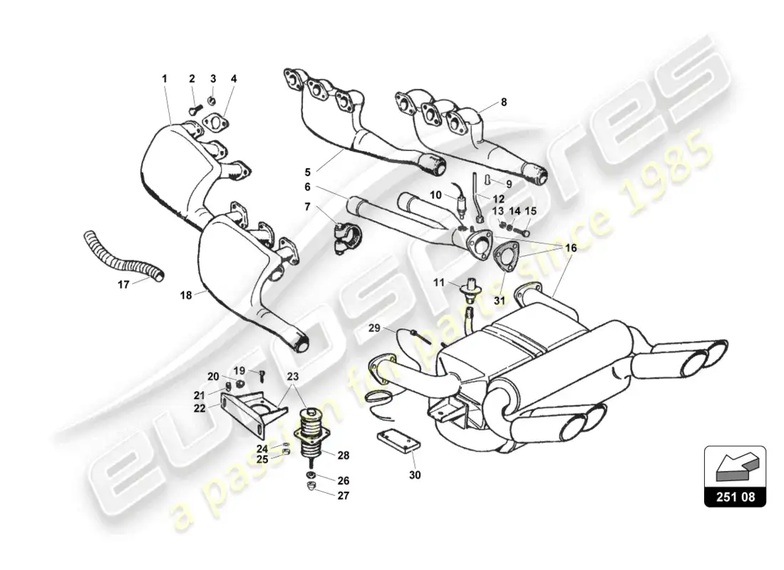 lamborghini countach 25th anniversary (1989) sistema de escape diagrama de piezas