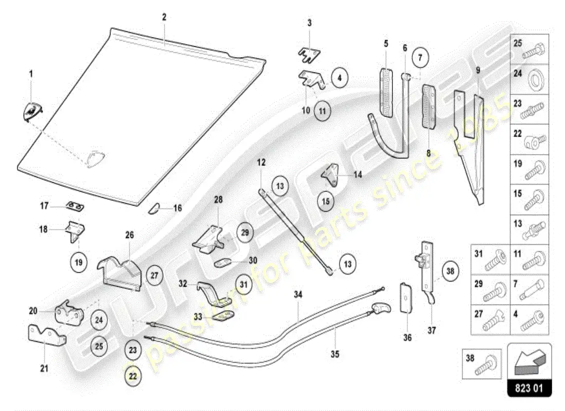 lamborghini diablo vt (1999) capó delantero diagrama de piezas