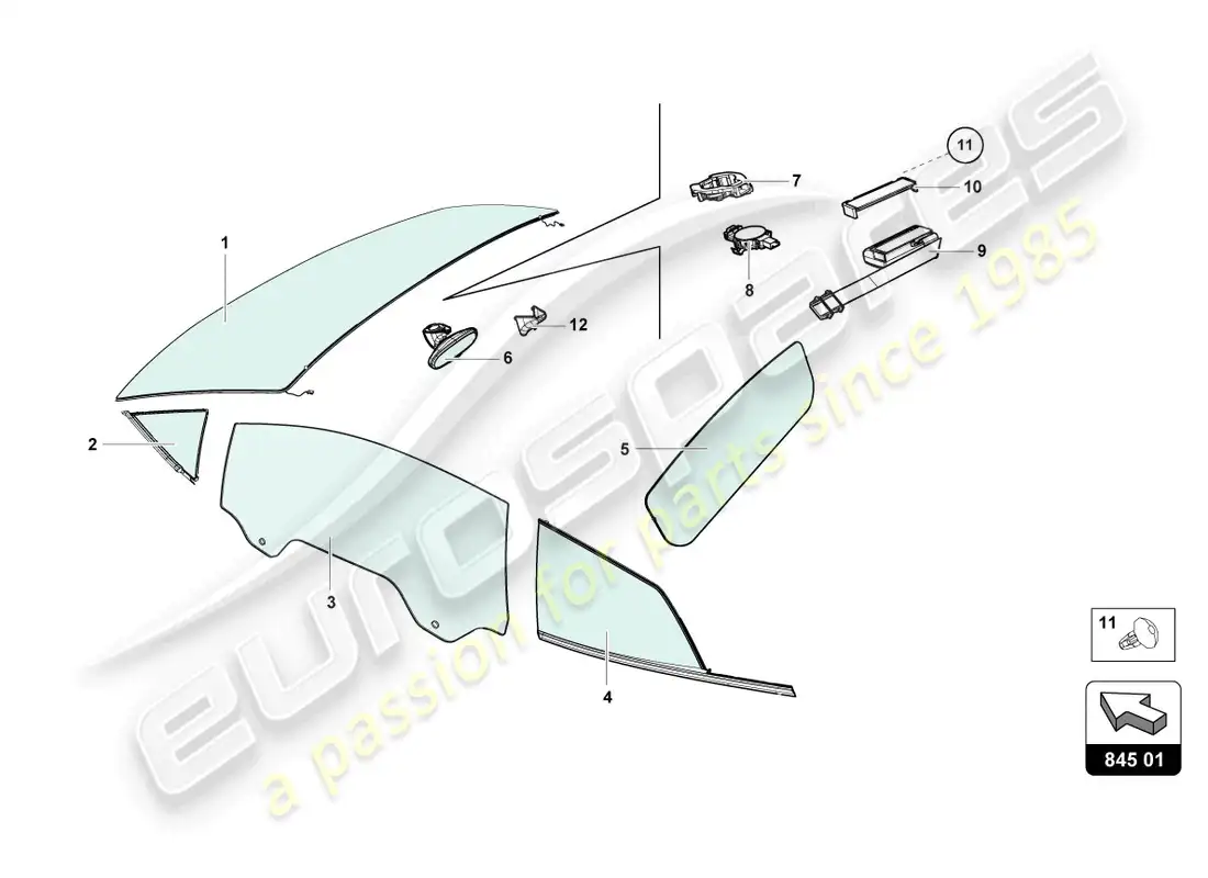 lamborghini evo coupe (2023) vidrios de ventanas diagrama de piezas