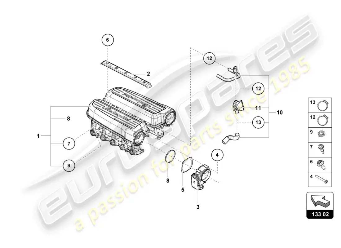 lamborghini tecnica (2023) colector de admisión diagrama de piezas