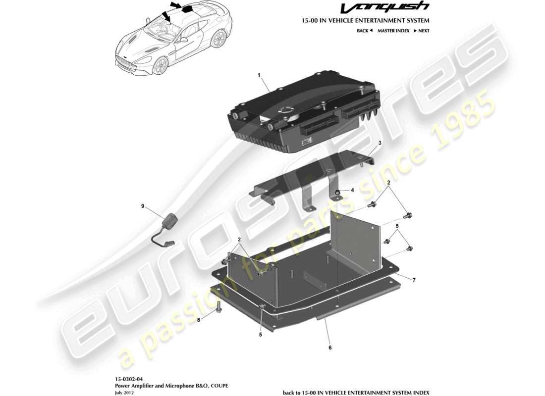 aston martin vanquish (2016) amplificadores, b&o, diagrama de piezas del cupé
