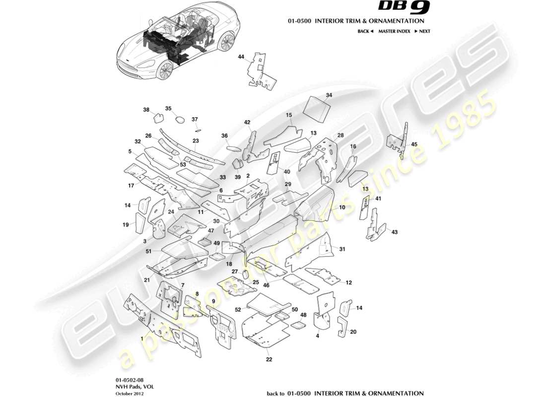 aston martin db9 (2016) almohadillas nvh, diagrama de piezas volante