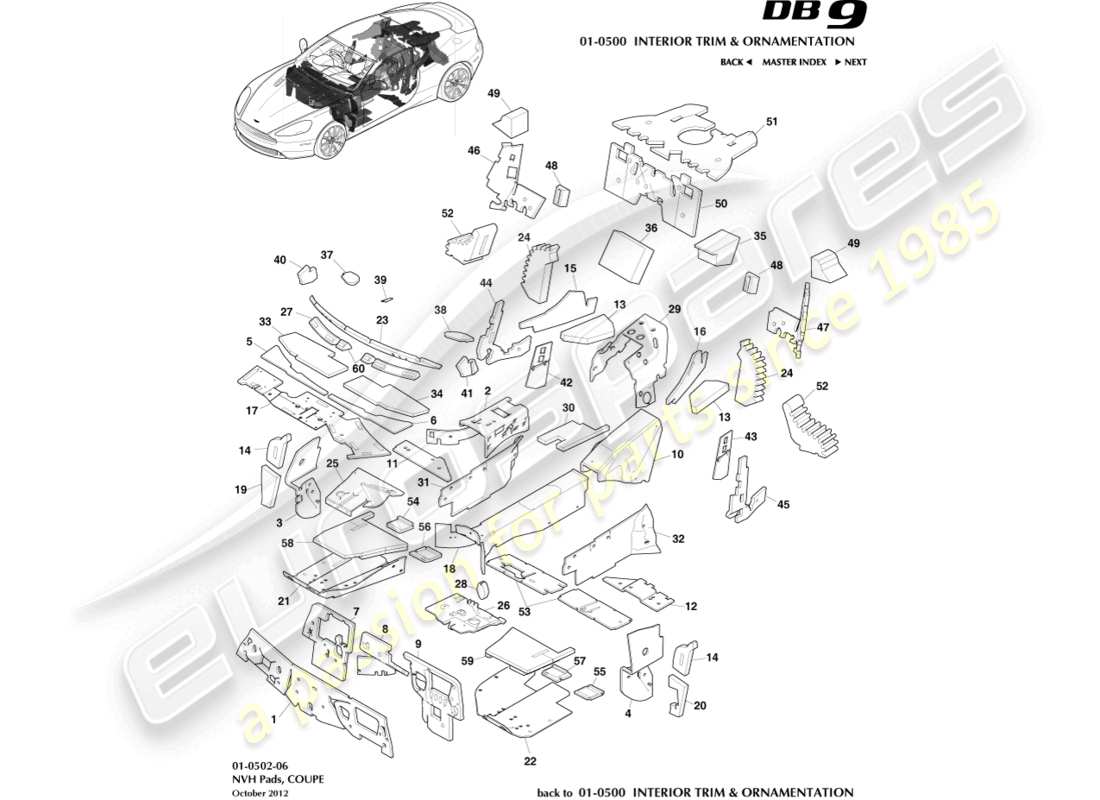 aston martin db9 (2016) pastillas nvh, diagrama de piezas del cupé