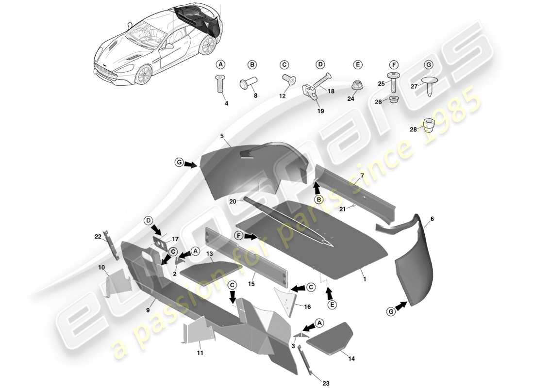 aston martin vanquish (2014) embellecedor del compartimento de carga, cupé diagrama de piezas