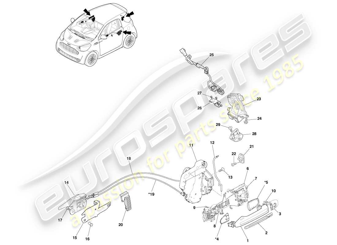aston martin cygnet (2012) diagrama de piezas de accionamiento y mango