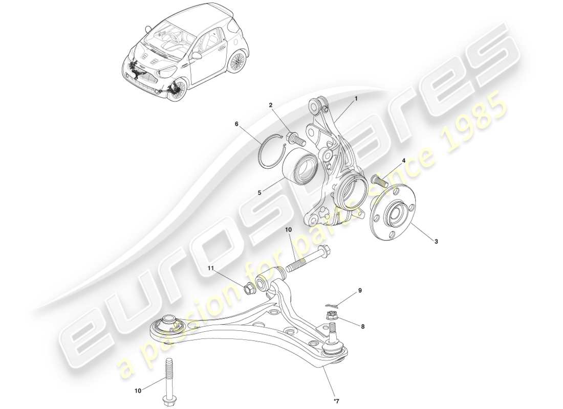 aston martin cygnet (2012) diagrama de piezas del conjunto de muñón de suspensión delantera