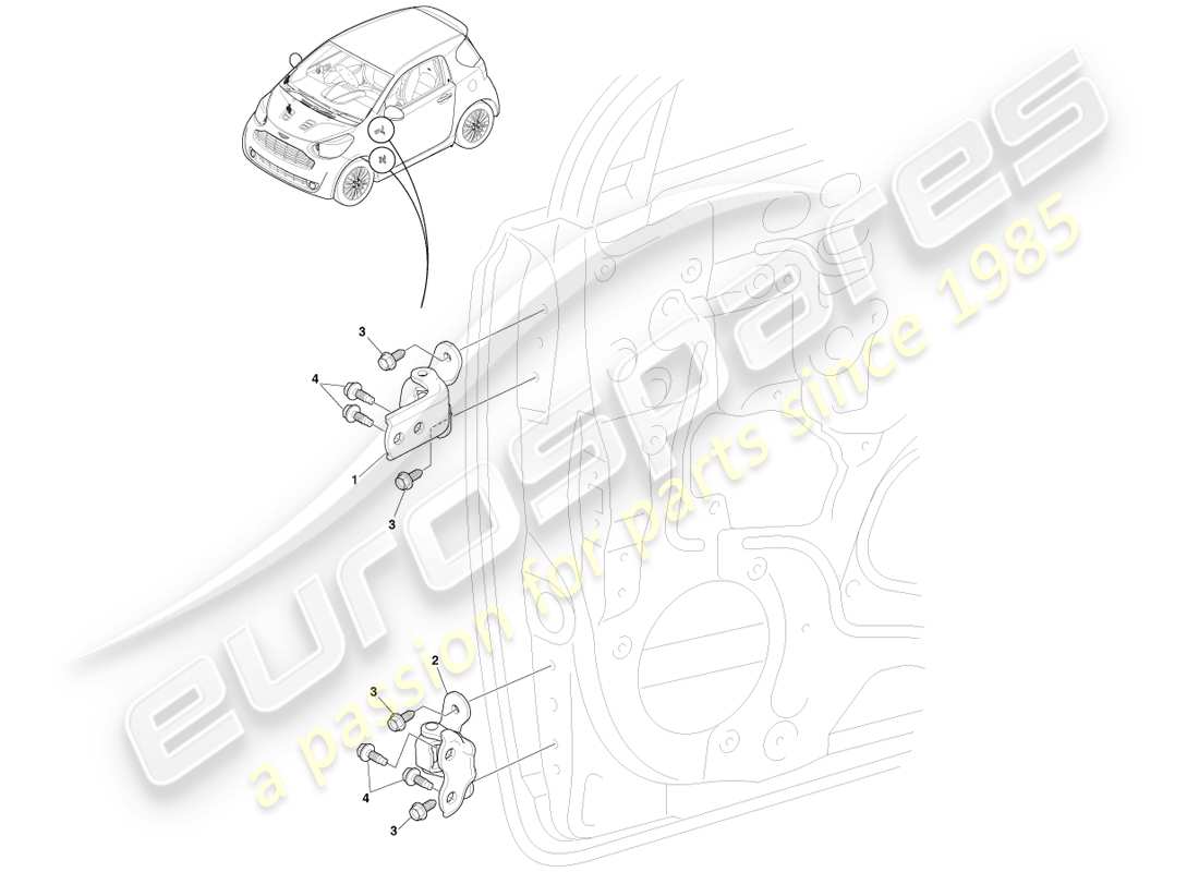 aston martin cygnet (2012) diagrama de piezas de las bisagras de la puerta delantera