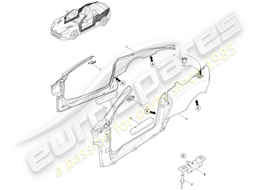 aston martin vanquish (2014) lado de la carrocería, diagrama de piezas de volante