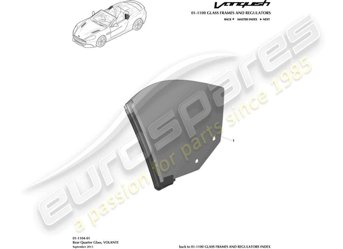aston martin vanquish (2015) vidrio del cuarto trasero, diagrama de piezas de volante