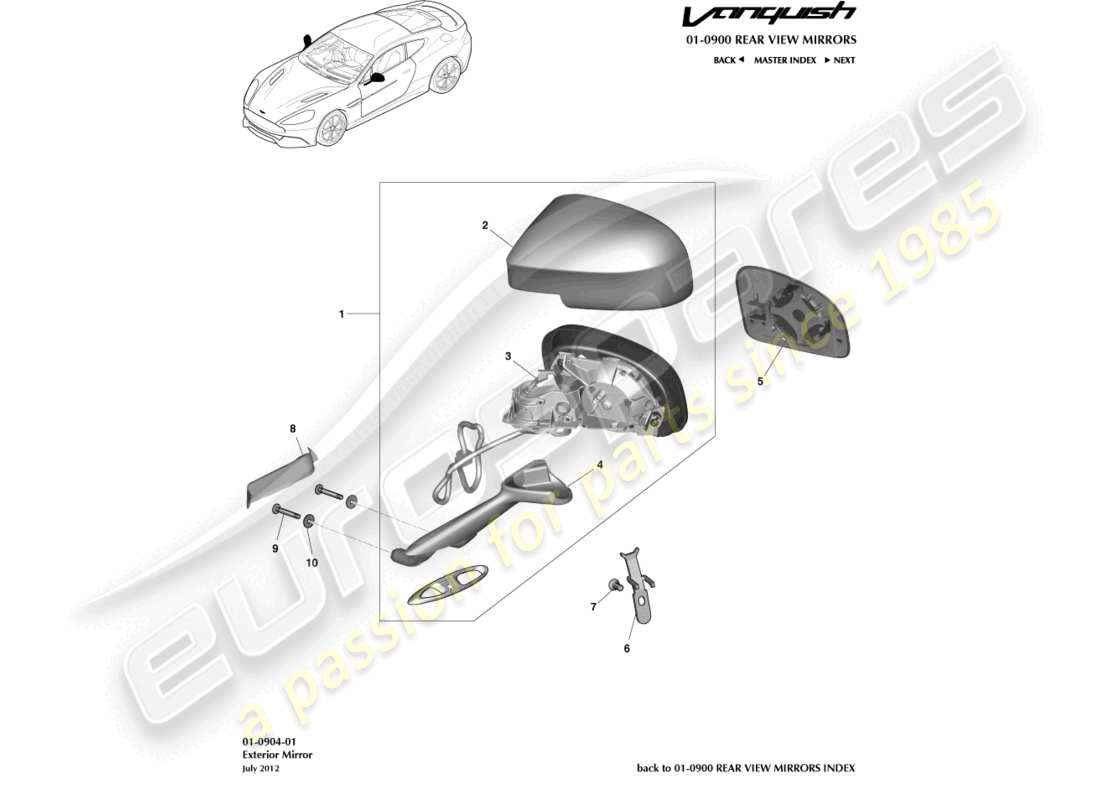 aston martin vanquish (2017) diagrama de piezas de los espejos retrovisores exteriores