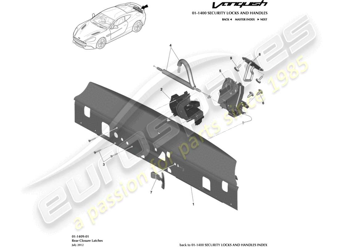 aston martin vanquish (2017) diagrama de piezas de los pestillos de cierre trasero