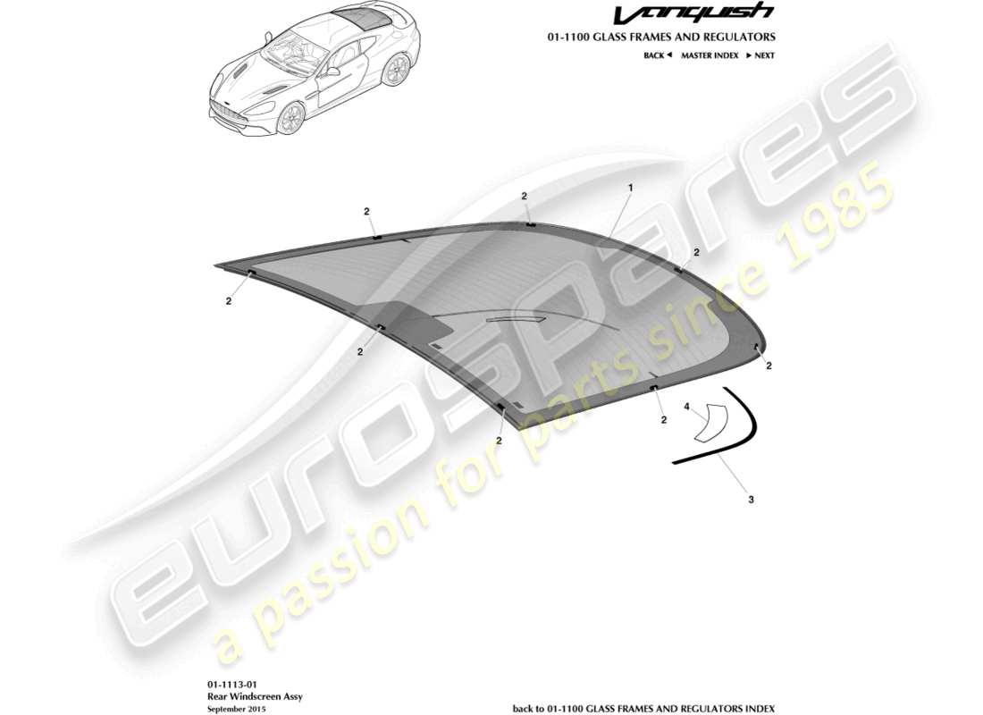aston martin vanquish (2015) parabrisas trasero diagrama de piezas