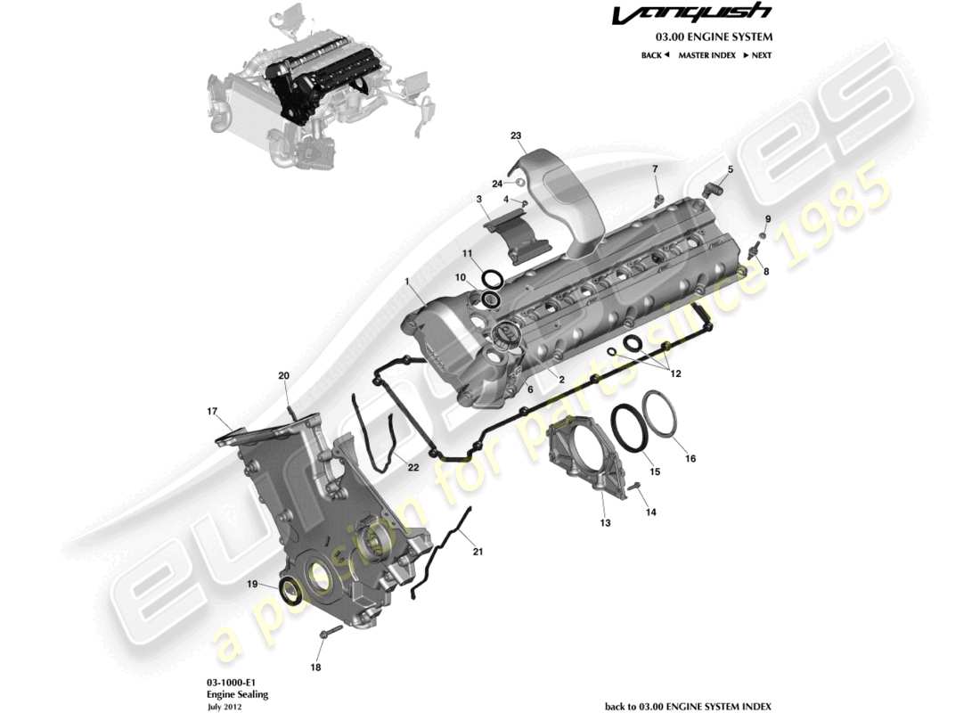 aston martin vanquish (2015) diagrama de piezas de sellado del motor