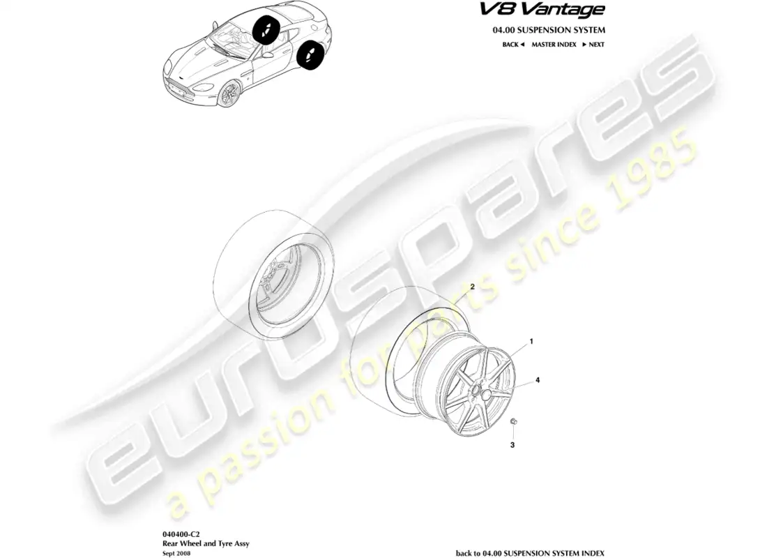 aston martin v8 vantage (2008) ruedas y neumáticos traseros, hasta el diagrama de pieza 09my