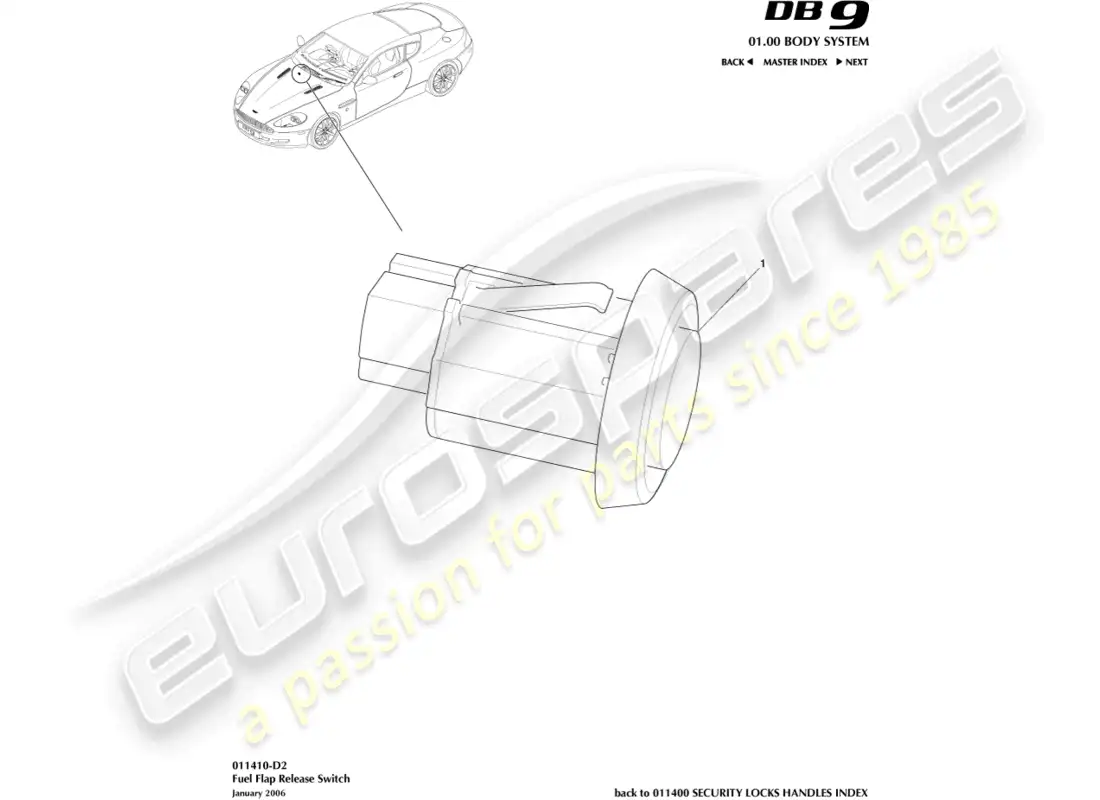 aston martin db9 (2010) fuel filler release switch diagrama de piezas
