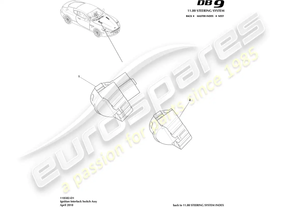 aston martin db9 (2009) ignition switch assembly diagrama de piezas