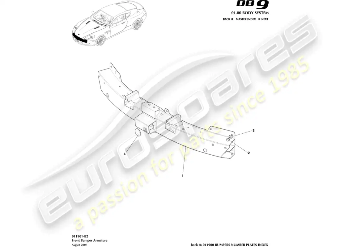 aston martin db9 (2007) armadura del parachoques delantero diagrama de piezas