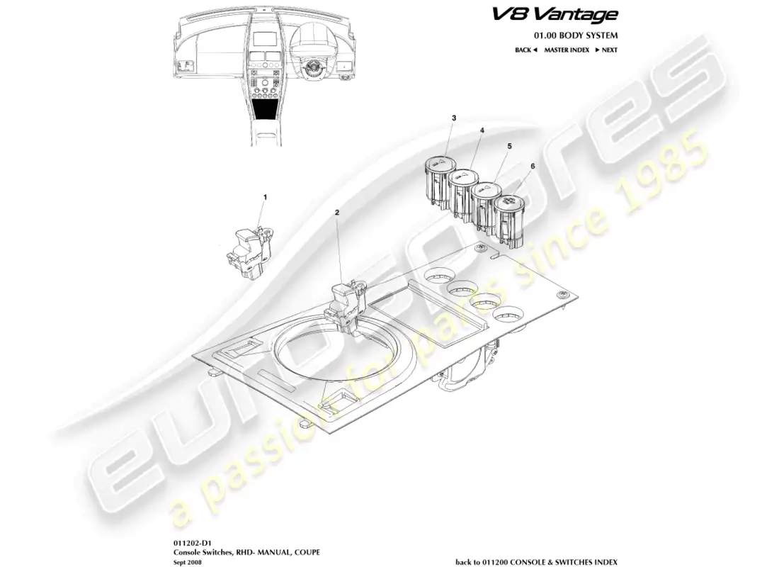 aston martin v8 vantage (2008) interruptores de consola, cupé, diagrama de piezas con volante a la derecha