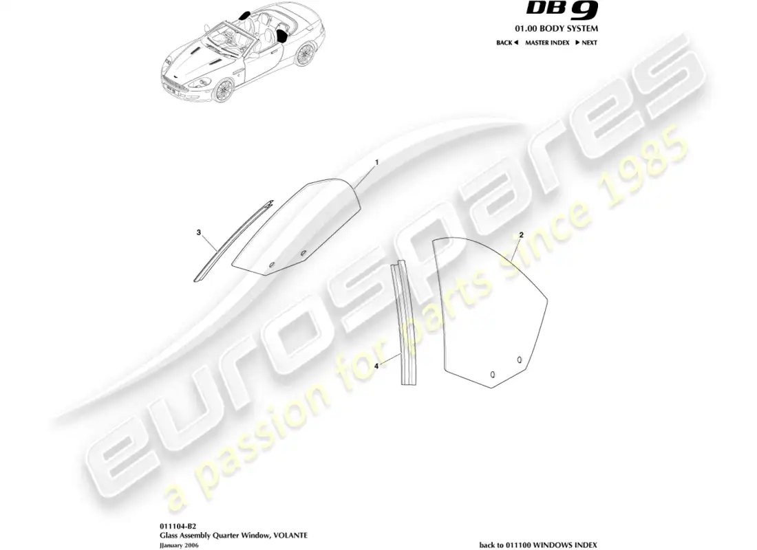 aston martin db9 (2009) vidrio del cuarto trasero, volante diagrama de piezas