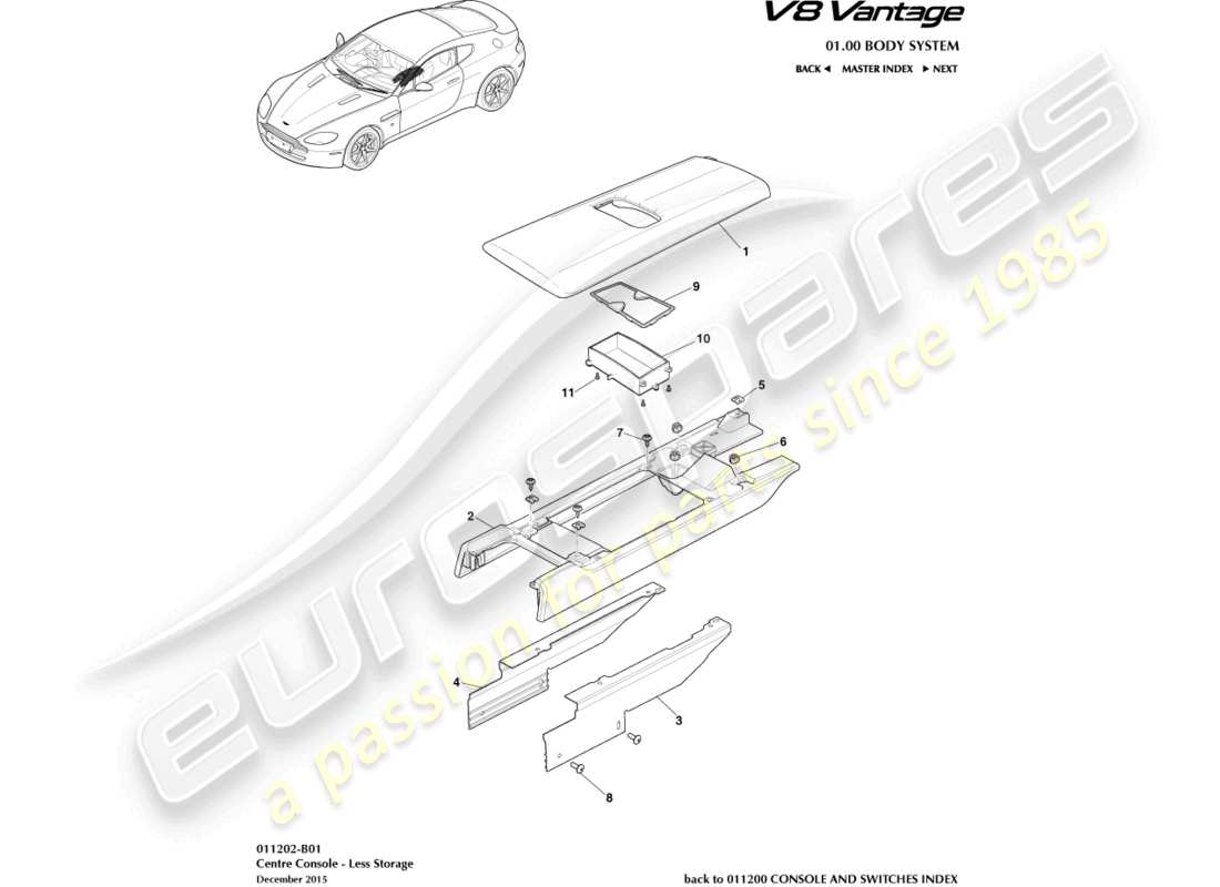 aston martin v8 vantage (2018) diagrama de piezas de consola central sin reposabrazos