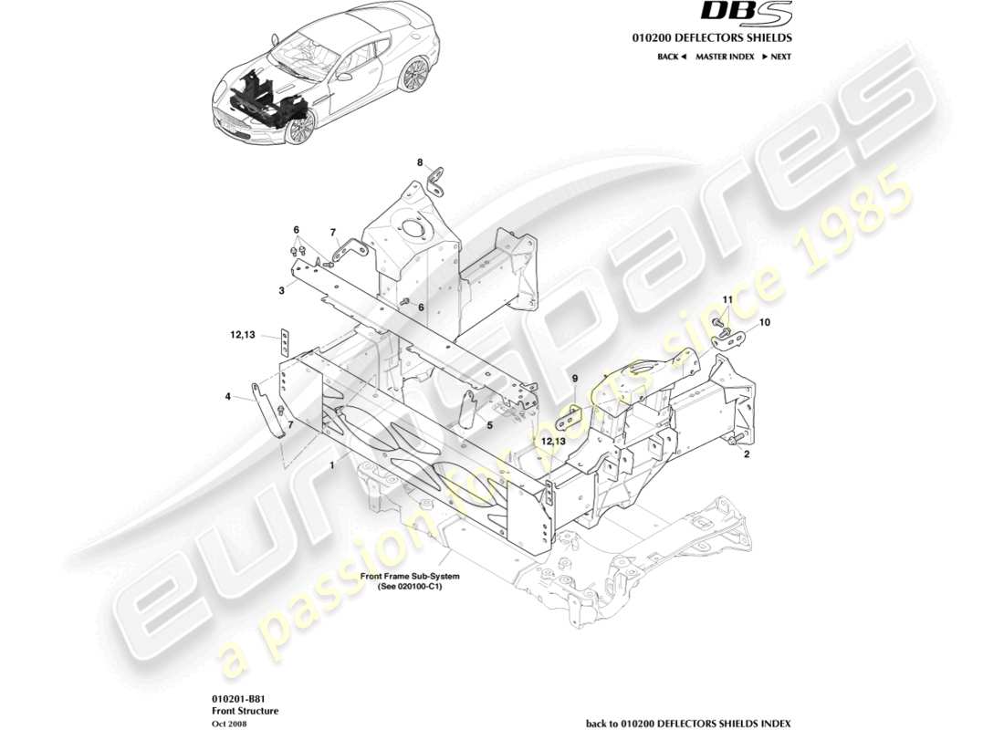 aston martin dbs (2013) diagrama de piezas de la estructura frontal