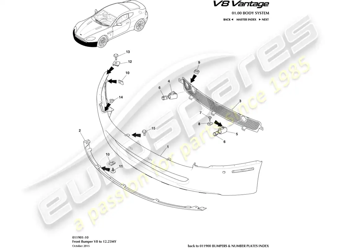 aston martin v8 vantage (2008) parachoques delantero, a 12.25my diagrama de pieza