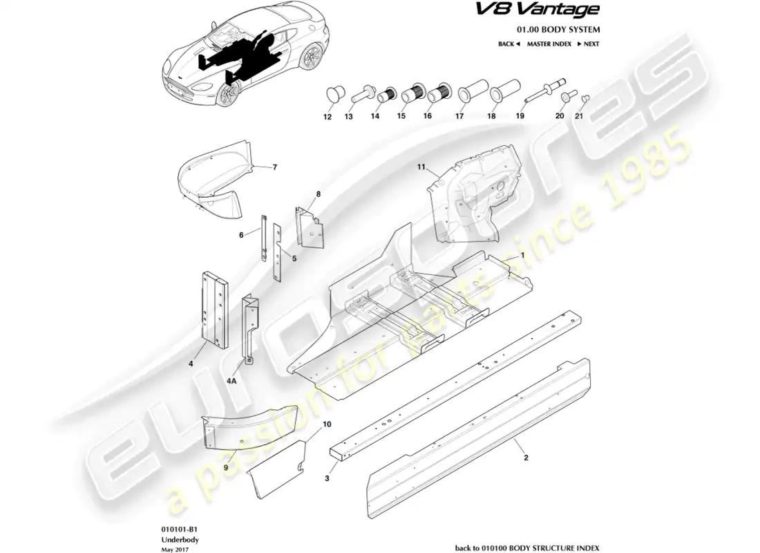 aston martin v8 vantage (2008) diagrama de piezas de la parte de abajo