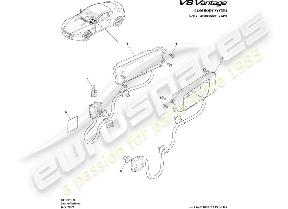 aston martin v8 vantage (2008) diagrama de piezas de ajuste del asiento delantero