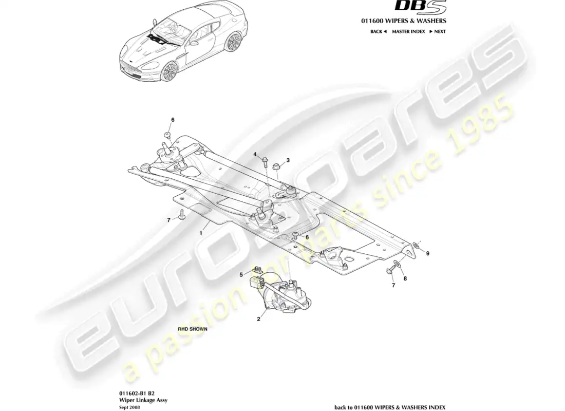 aston martin dbs (2013) conjunto de varillaje de limpiaparabrisas diagrama de piezas