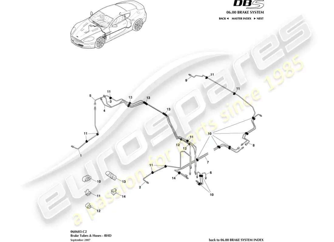 aston martin dbs (2007) líneas y mangueras de freno, lado derecho diagrama de piezas
