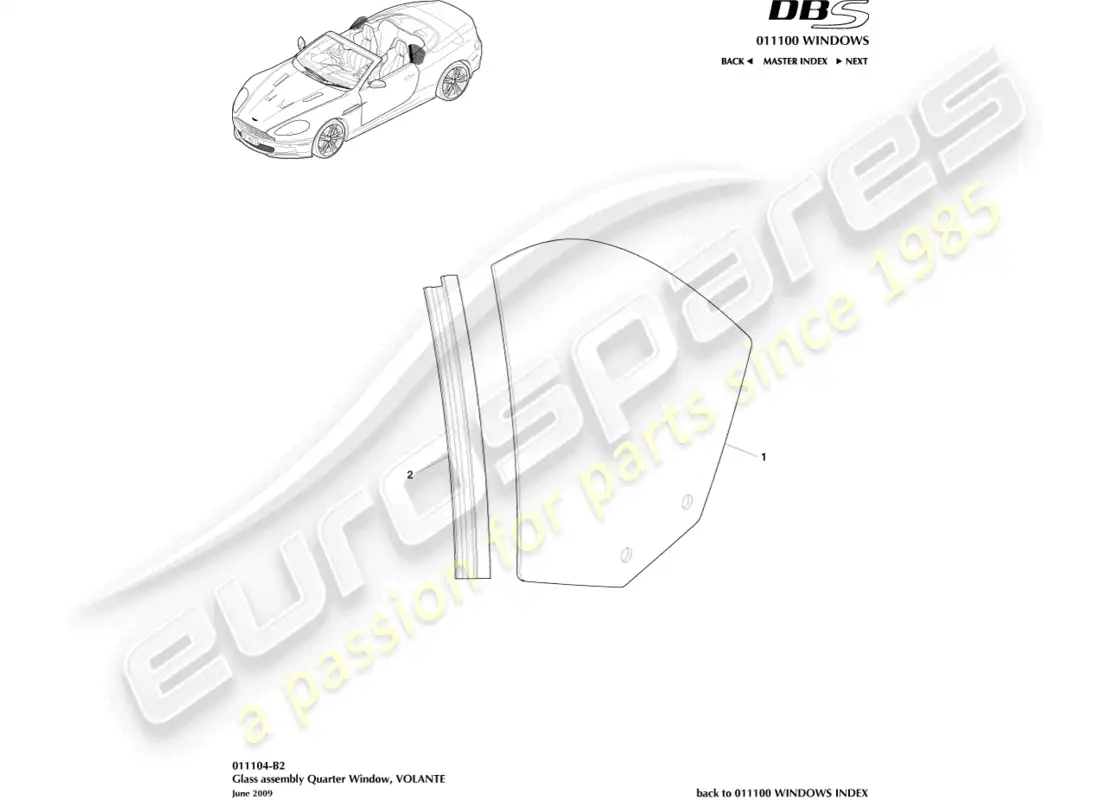aston martin dbs (2008) vidrio del cuarto trasero, volante diagrama de piezas