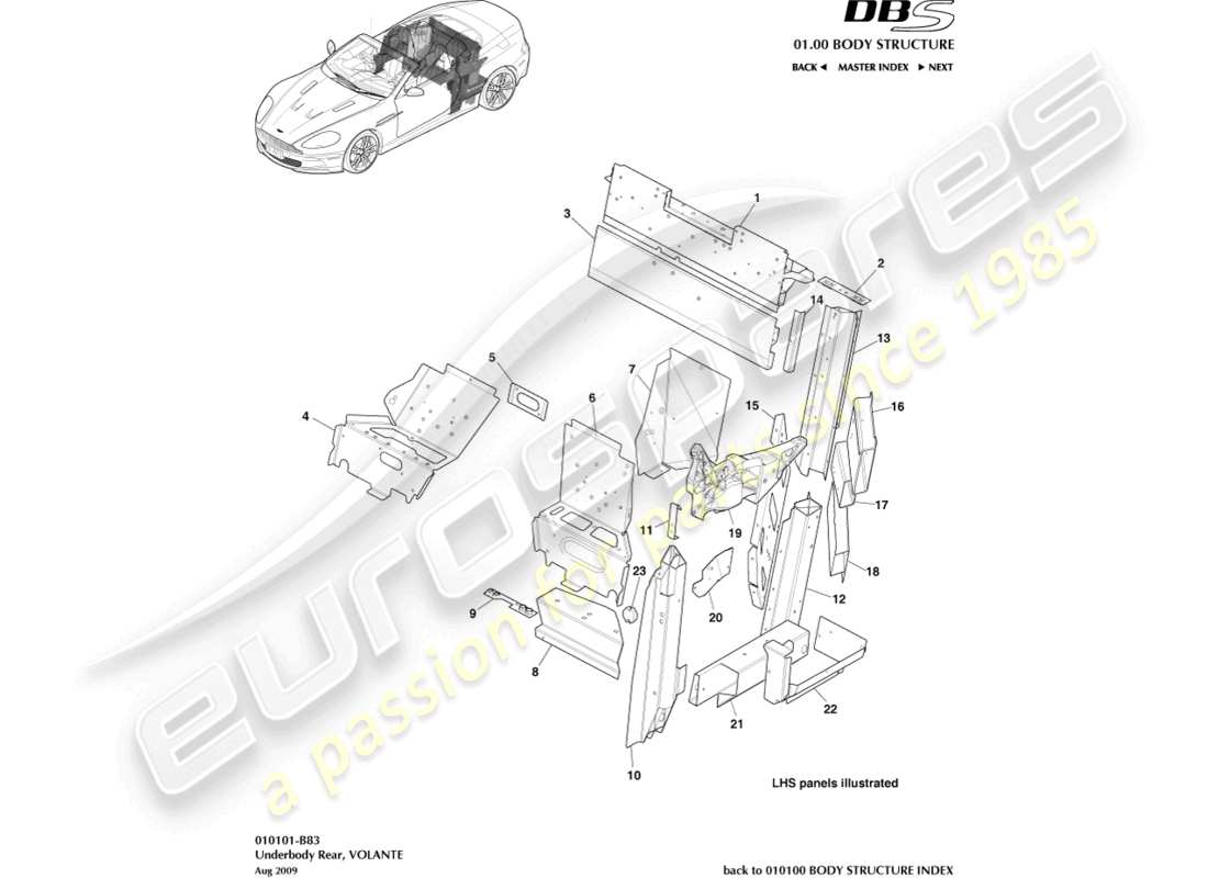 aston martin dbs (2013) parte inferior trasera, volante diagrama de piezas