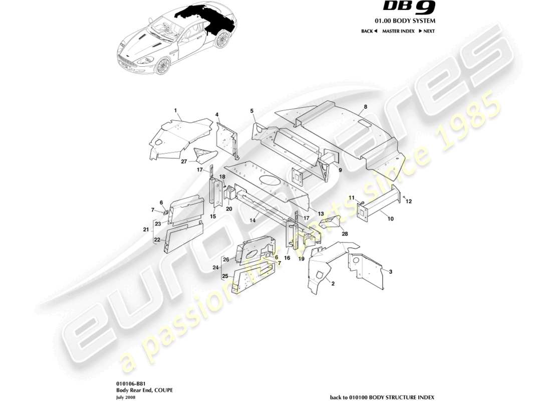 aston martin db9 (2005) parte trasera de la carrocería, diagrama de piezas del cupé