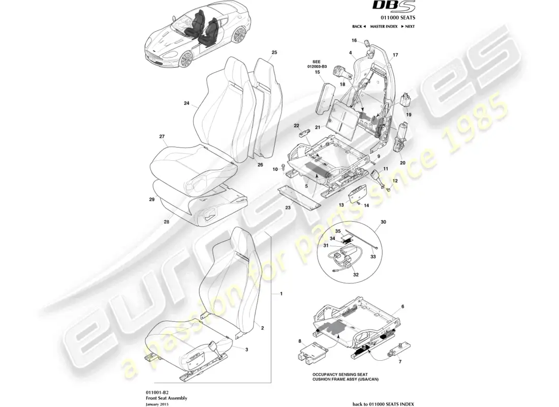 aston martin dbs (2007) asiento delantero diagrama de piezas